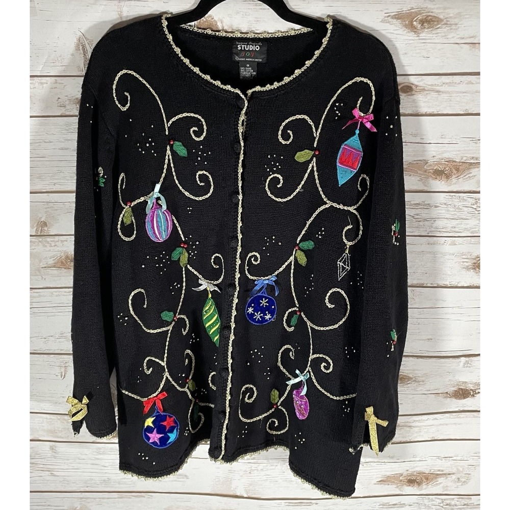 Vintage Studio Joy Black‎ Christmas Cardigan Sweater Beaded and Embroidered 1X